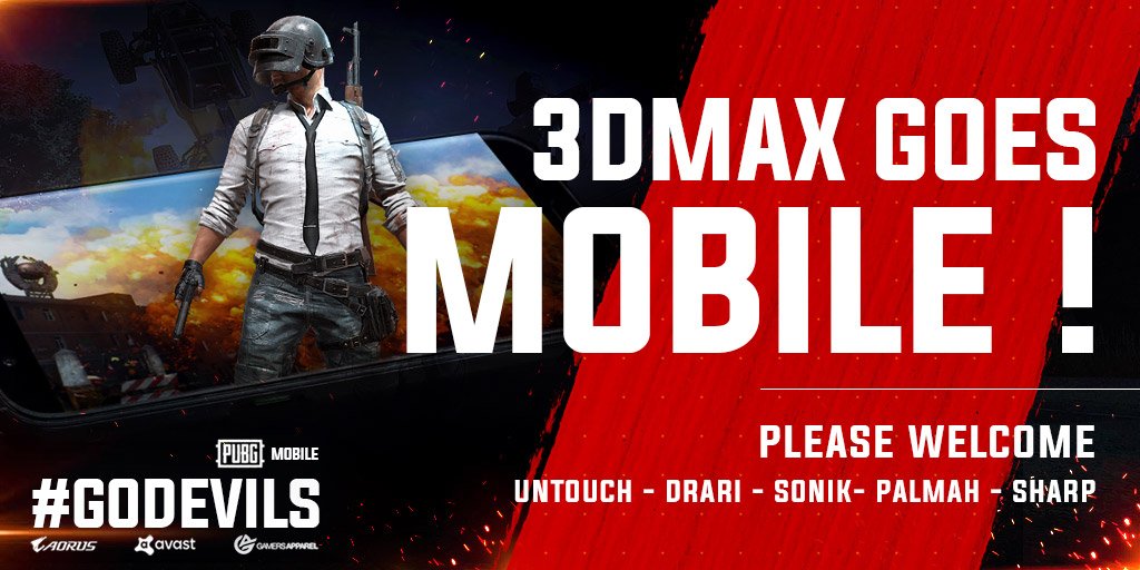 Team 3DMAX (@3dmaxgaming) on Twitter photo 3DMAX goes MOBILE !
Announcing our official roster for <a href="/PUBGMOBILE/">PUBG MOBILE</a>.
Please welcome Untouch, Drari, SONIK, Palmah & Sharp to the devil's family.
#GODEVILS 3DMAX goes MOBILE !
Announcing our official roster for <a href="/PUBGMOBILE/">PUBG MOBILE</a>.
Please welcome Untouch, Drari, SONIK, Palmah & Sharp to the devil's family.
#GODEVILS
