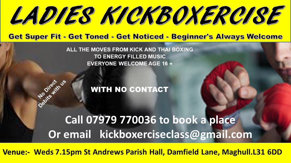 Kickboxercise1's tweet image. LADIES KICBOXERCISE CLASS 
WEDS 27th MARCH at 7.15pm

Only £5.50 per person, bring a friend and get your first class free

ST ANDREWS PARISH HALL, DAMFIELD LA. MAGHULL.

maghullkickboxing.co.uk/kickboxer-cise 

#Merseyhour #fitness #womansfitness 

To book email:-
kickboxerciseclass@gmail.com