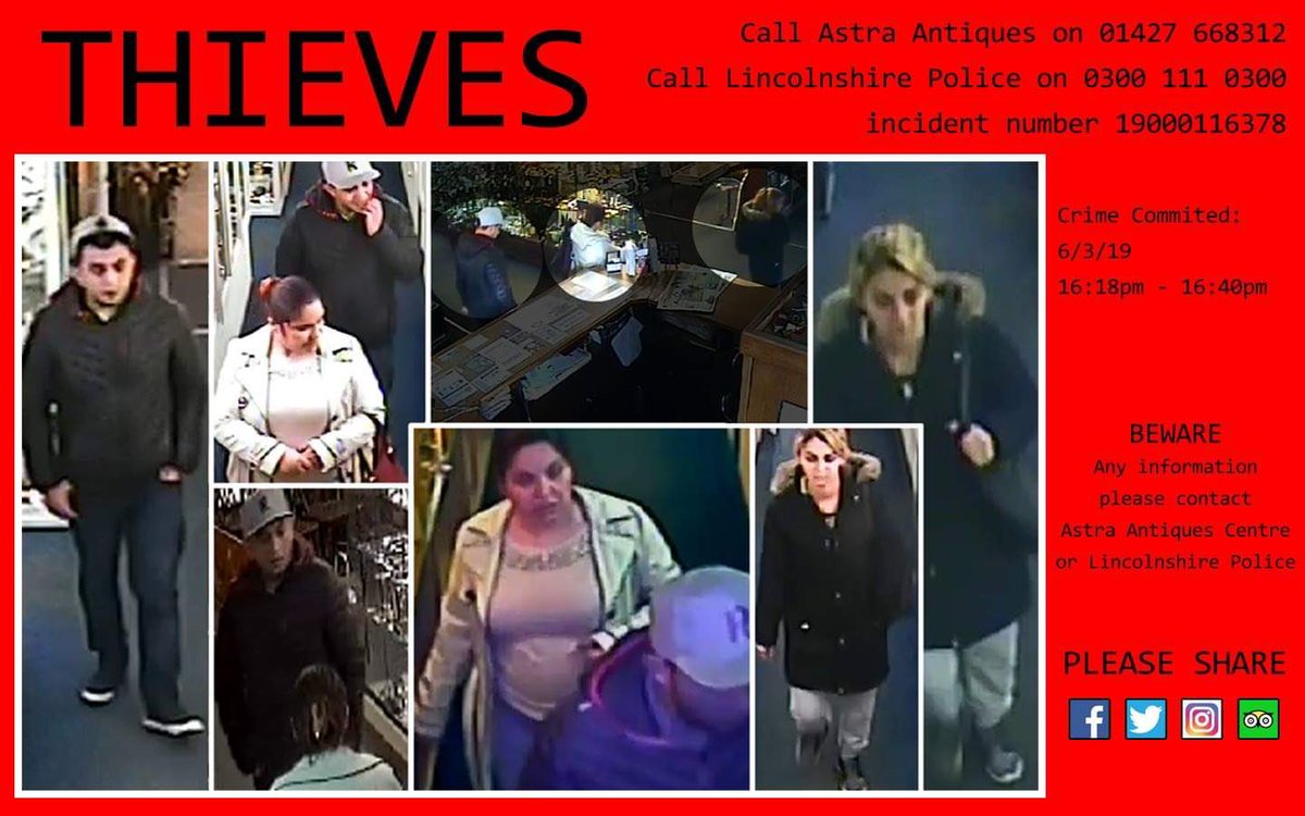centuryantique's tweet photo. If you run an antique shop or trade at fairs then be on the lookout for these layabouts.
They were recently at the IACF fair at Bingley Hall, Staffs where they attempted high value jewellery thefts.
They seem to travel as these pictures were taken in Lincolnshire.
Be vigilant! https://t.co/ud7dMz2E6e