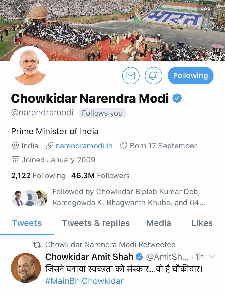 mepratap's tweet photo. Shall we all add(Prefix) “Chowkidar” before our names? Come on... https://t.co/HuYygZLEGZ