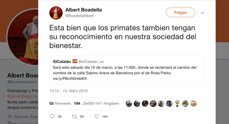 La piulada racista que ha esborrat Albert Boadella. Aquí el podeu veure a Web Archive web.archive.org/web/2019031622…