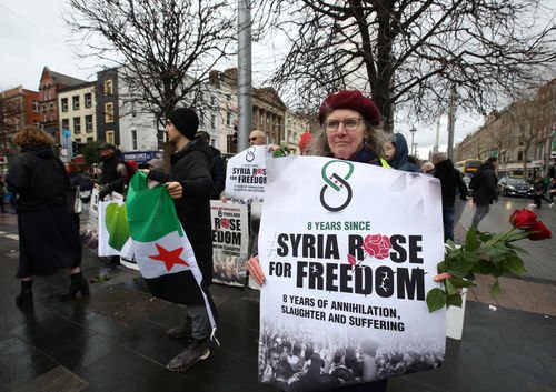 FARED_ALHOR's tweet photo. Thank you all for that
In Dublin today at Irish Syria Solidarity Movement demonstration to mark 8 years of Syrians demanding freedom justice & human rights, 8 years of slaughter suffering, 8 years of betrayal by the world
#EyesOnIdlib #SyriaRoseForFreedom
Via @grannies4equal https://t.co/Xg7jMfpeL8