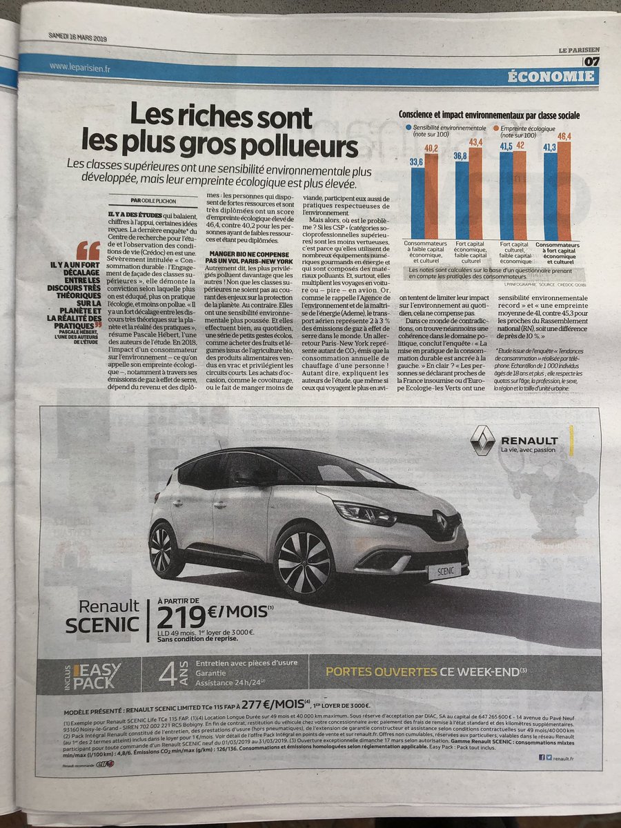 La schizofrénie de notre société en une page où:
▶️ on apprend que les riches polluent plus que les moins riches car ils utilisent plus la voiture;
▶️ le lobby automobile continue à imprimer sa place démesurée et non taxée dans notre imaginaire collectif.
Dans @LeParisien_92