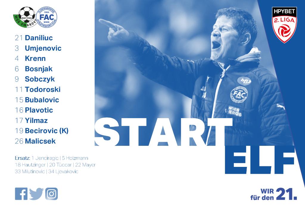 FACWien's tweet photo. Mit dieser Startelf wollen wir die @WSGFUSSBALL ärgern 😤⚽️💙 #FAC #Wirfürden21 #WSGFAC https://t.co/6jrcdmO2Ic