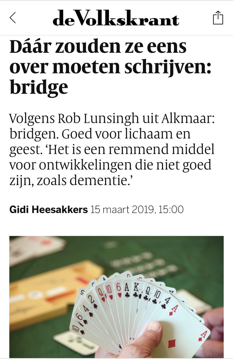 Bridgebond's tweet photo. Bridge houdt je denkvermogen actief en remt zo ontwikkelingen die niet goed zijn, zoals dementie. Ook is het een van de mooiste manieren om sociaal contact te hebben. Wat een mooie lezersbrief van Rob Lunsingh in de Volkskrant.
https://t.co/KzoHLvq1jS https://t.co/GgYzgm7Ef4