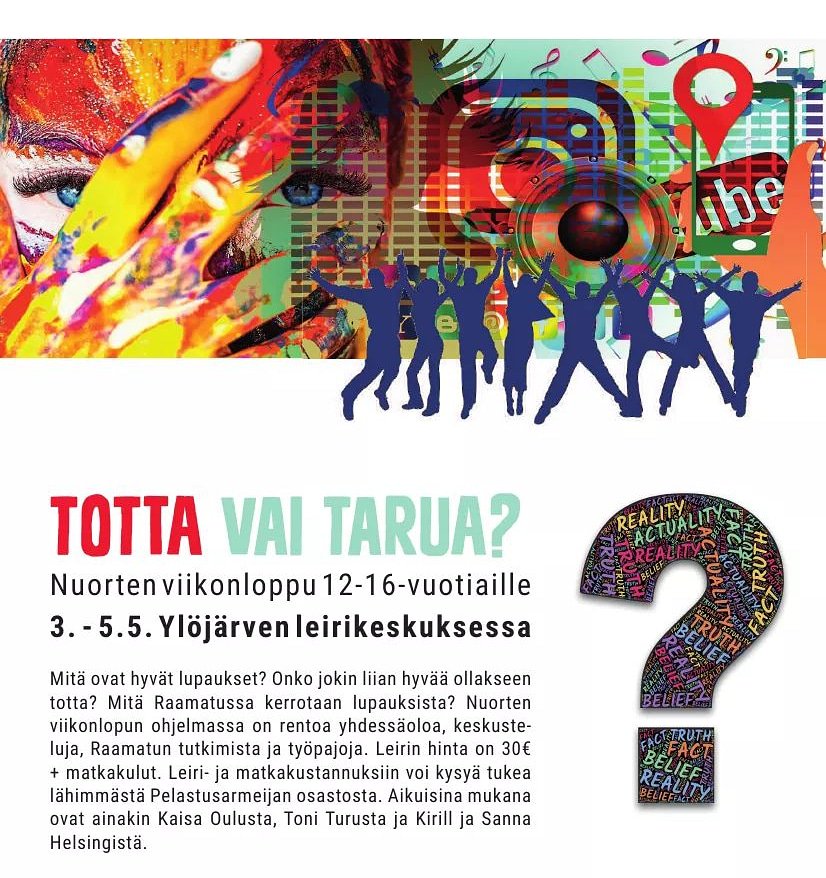 Nuoriso's tweet photo. Kevään nuortenviikonlopun teemana on tällä kertaa Totta vai tarua? Leiri järjestetään 3.-5.5. Ylöjärvellä, Pelastusarmeijan leirikeskuksessa. Lisätietoa ja sähköinen ilmoittautumislomake löytyy osoitteesta https://t.co/19696svHLt #tottavaitarua #trueorfalse #nuorisotyö #youthwork https://t.co/8Bl8QfDoiX