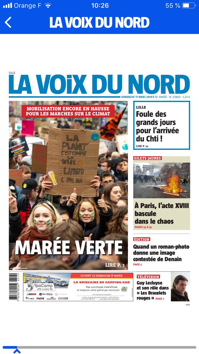 GabrieldHarcour's tweet photo. Ce matin, une majorité de quotidiens régionaux réserve son principal titre de Une au succès des marches sur le climat (cf. site « Unes PQR »), à l’image de ⁦@lavoixdunord⁩ . Un choix éditorial fort. Bravo la #PQR https://t.co/117NY4Q5xB