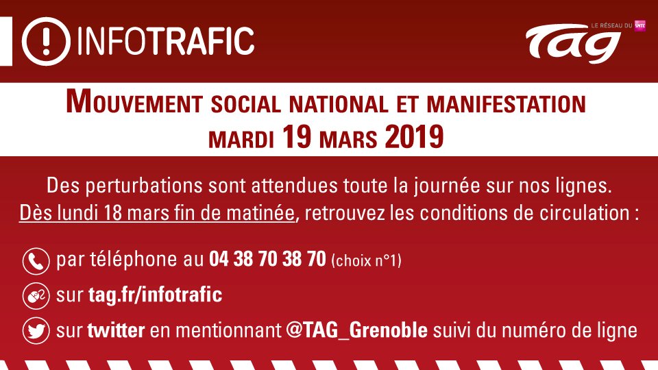 transportsmreso's tweet photo. ⚠ En raison d'un mouvement social national affectant une partie des personnels de SÉMITAG et d'une manifestation à Grenoble, le réseau TAG sera perturbé mardi 19 mars.

Dès lundi, fin de matinée, retrouvez les conditions de circulation par ligne sur https://t.co/3GTJkQdCCe https://t.co/Rs05o6LCxv