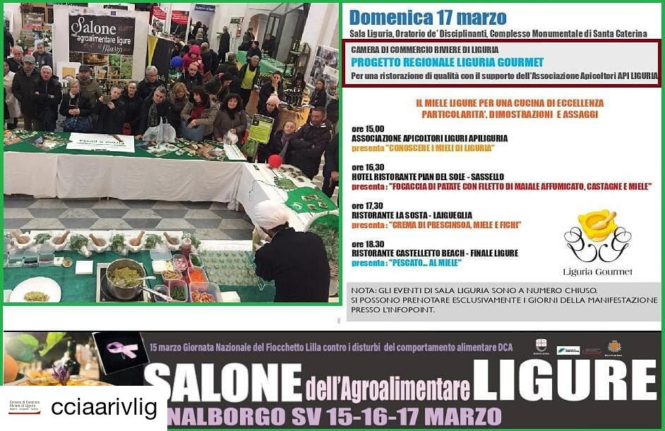 CCIAARIVLIG's tweet photo. Ci siamo! oggi al #saloneagroalimentareligure 
dalle 15 assaggi dimostrazioni con i ristoranti #liguriagourmet 
non mancate! #cciaarivlig #miele
https://t.co/KiyMBLgckZ
foto 1 programma 2 @oscarpuntel  @TgrLiguria  ieri allo stand #apiliguria https://t.co/hCxcWyKGkW