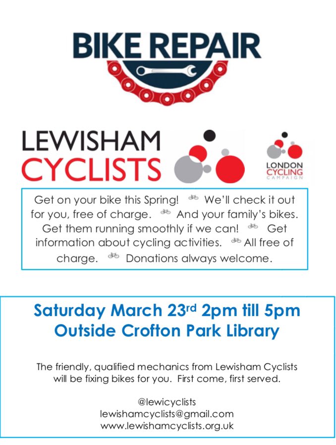 LibrarySE4's tweet image. 🚴🏼‍♀️Bike repair 🚴🏾‍♂️ in the library’s forecourt Saturday 23rd March, 2pm👉🏻5pm 👉🏻 🏫 Thanks to @greencroftonpa1 @lewicyclists @londoncycling #getonyourbike #lesscars #SE4