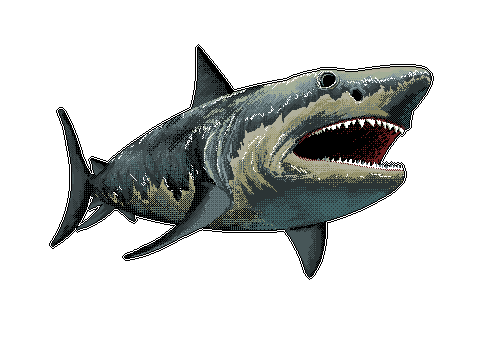 ট ইট র ダイセン サメの一種 メガロドンは1800万年前から150万年前の時代に生きていたが 現在は既に絶滅している ノコギリ状態の 歯が特徴的で 通常のサメの約３倍もの大きさを持ち 竜の舌 石になった雷 と呼ばれていた ドット絵 Pixelart