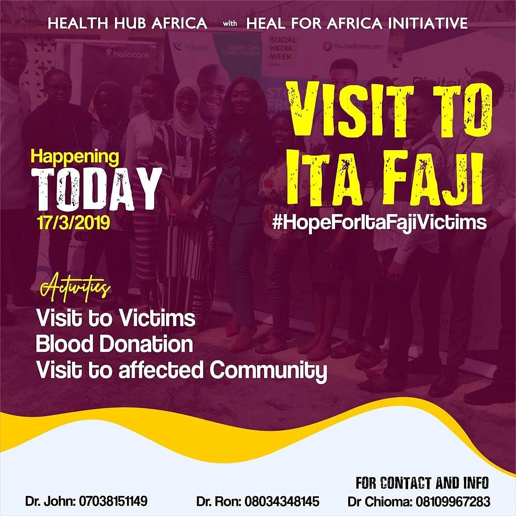 healthertainer's tweet photo. The day is finally here!

As part of our efforts to provide long term support, @HealthHubAfrica @healforafrica will visit Ita faji to donate materials we have already gotten.
blood drive by @bloodplus_ng is ongoing 

#HopeForItaFajiVictims #SundayMotivation https://t.co/Nm4UdjoEI2