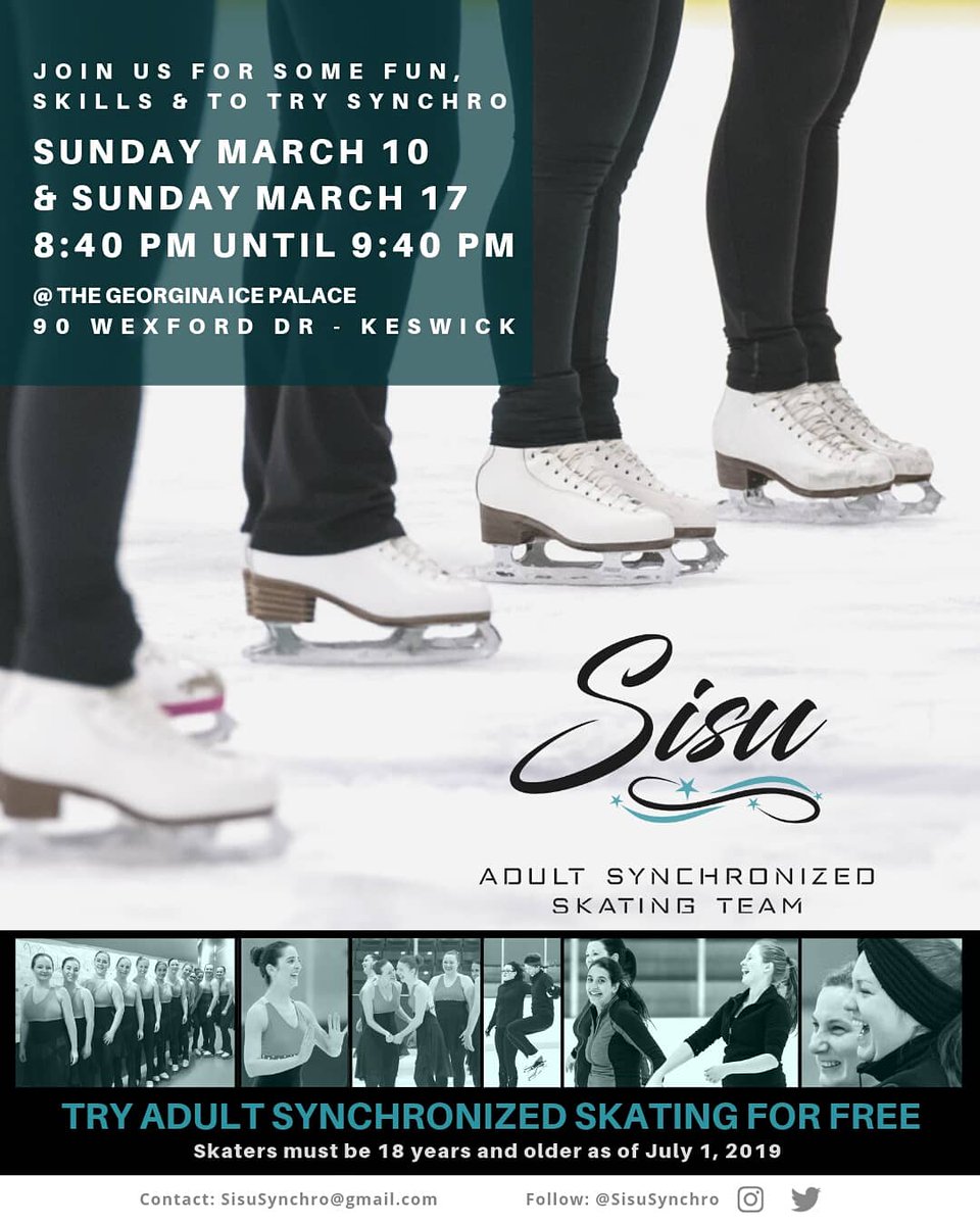SisuSynchro's tweet photo. It's a thing: Death Spiral Sundays!
Come out tonight to our "Try Synchro for Free" session &amp; give it a go! Bring your skates &amp; enthusiasm to the Ice Palace in Keswick tonight! 8:40-9:40
Questions? sisusynchro@gmail.com
#SynchroSkating
#SynchronizedSkating
#FigureSkating https://t.co/UNwRezGqGA