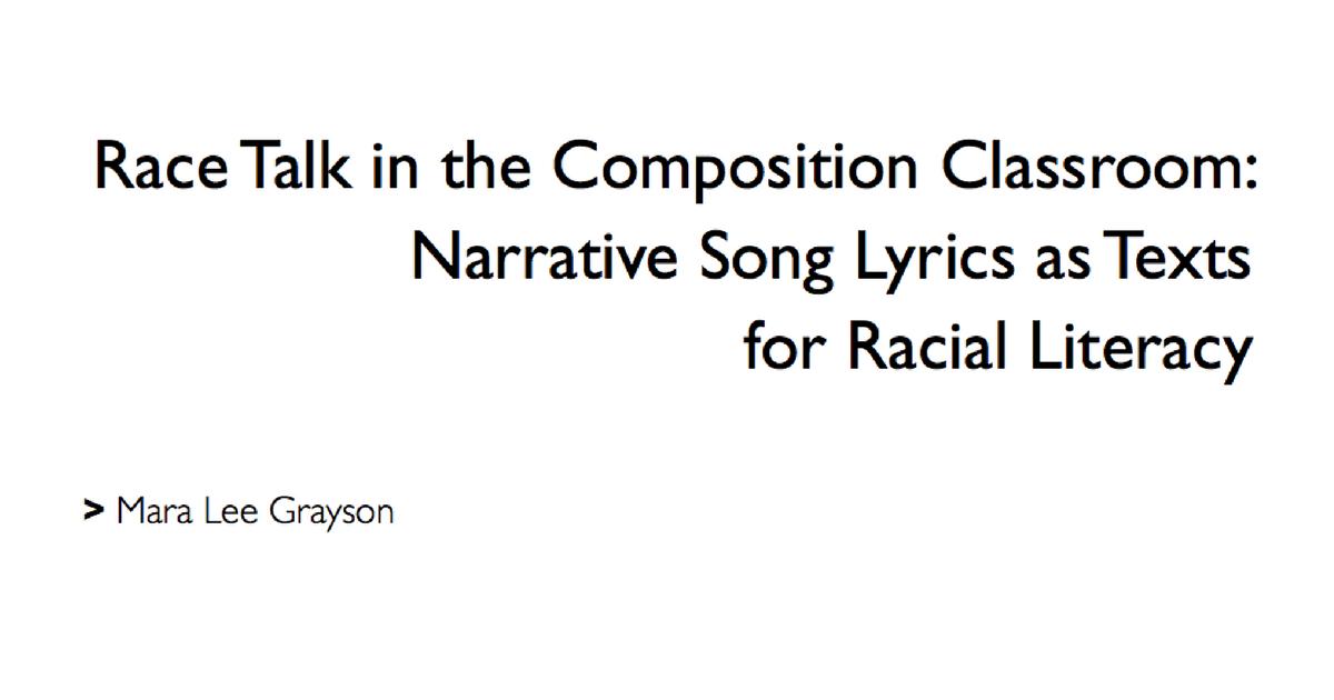 ncte's tweet photo. In this article from TETYC, @MaraLeeGrayson explores the potential of a song lyrics-based curriculum to encourage the practice of racial literacy in the first-year composition classroom. https://t.co/p3zBmSEy43 https://t.co/P06WyeuGdD