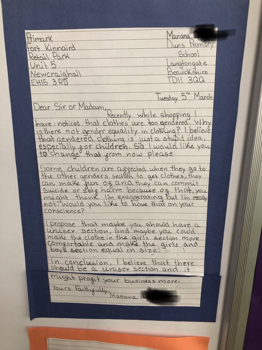 MissPerrett's tweet photo. In class, we have been focusing on persuasive writing and two of my girls have strong views on gendered clothing for children and would love to see a change in some of the big high street stores...@Primark @newlook @nextofficial can you help? @LiteracyShed @DunsPrimary https://t.co/QQmdR1x8zC