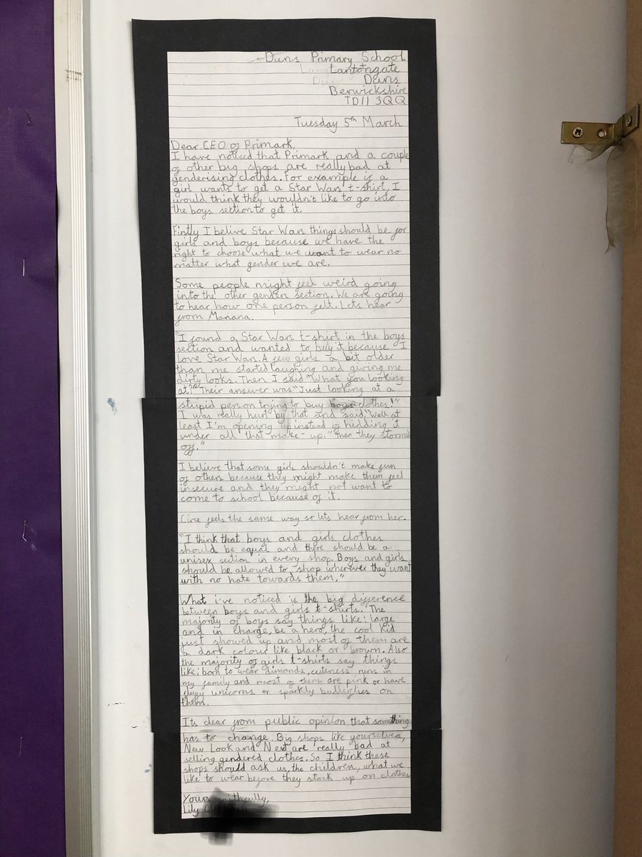 MissPerrett's tweet photo. In class, we have been focusing on persuasive writing and two of my girls have strong views on gendered clothing for children and would love to see a change in some of the big high street stores...@Primark @newlook @nextofficial can you help? @LiteracyShed @DunsPrimary https://t.co/QQmdR1x8zC