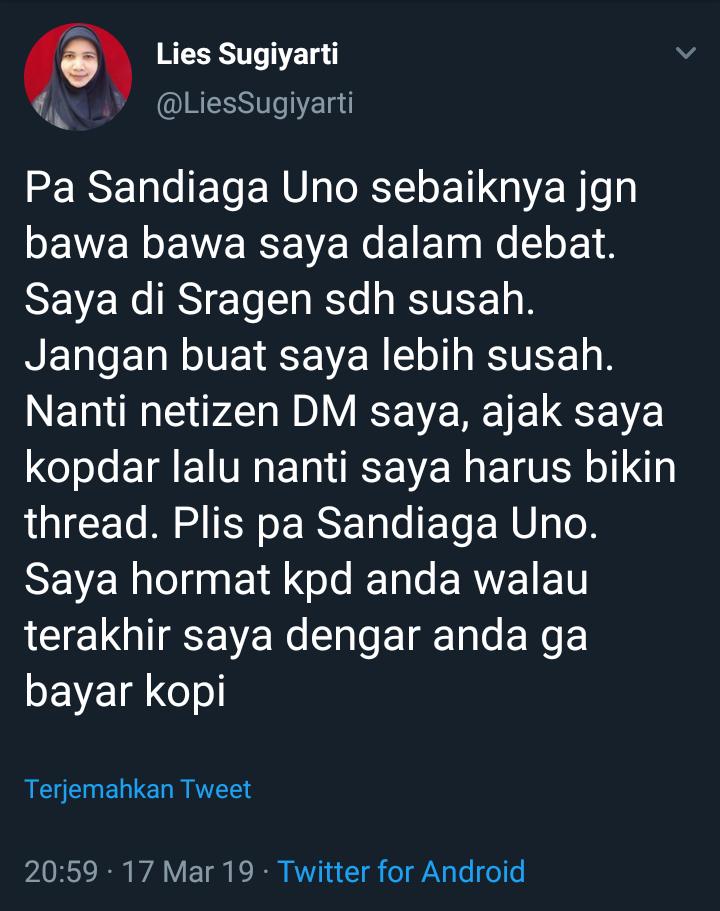 Debat 1..s Buloh 👇Sekrg Debat Cawapres Lies S yg d " Korbankan " Kok hobby banget kau Nok <a href="/sandiuno/">Sandiaga Salahuddin Uno</a> JUAL2 NAMA ORANG .yg ujung2nya BOHONG AJAA!! <a href="/masbudi111/">@masbudi11</a> @OptimistJKW2019 <a href="/RamadanAfdi/">e</a> @NaneDianti @ririnretno19