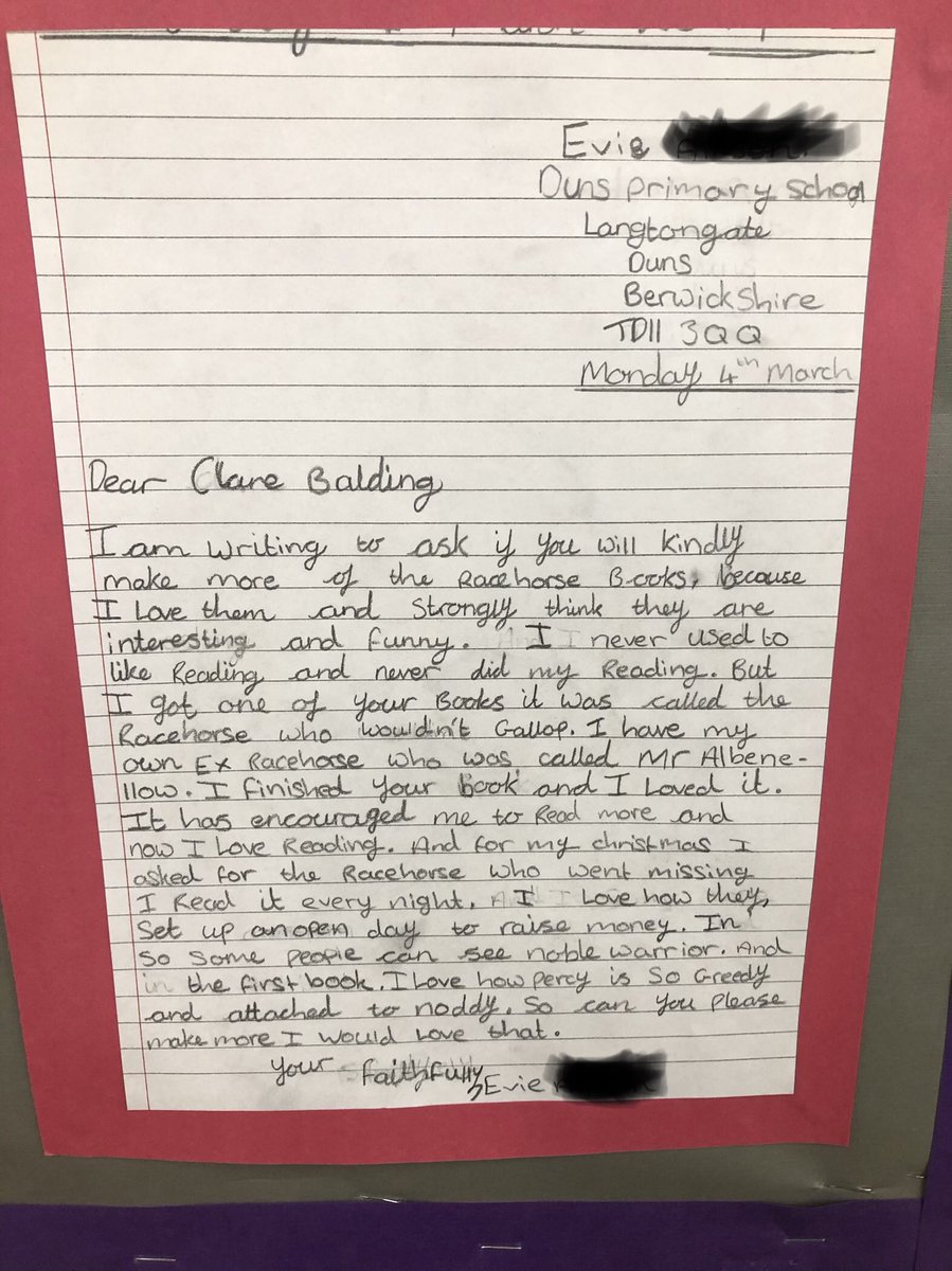 MissPerrett's tweet photo. Wrapping up a focus on persuasive writing, my class wrote letters about topics they are passionate about. This young lady in particular wrote to @clarebalding in the hope that you might write more of the books that ignited a passion for reading @LiteracyShed @DunsPrimary https://t.co/qs9dLSlQBp