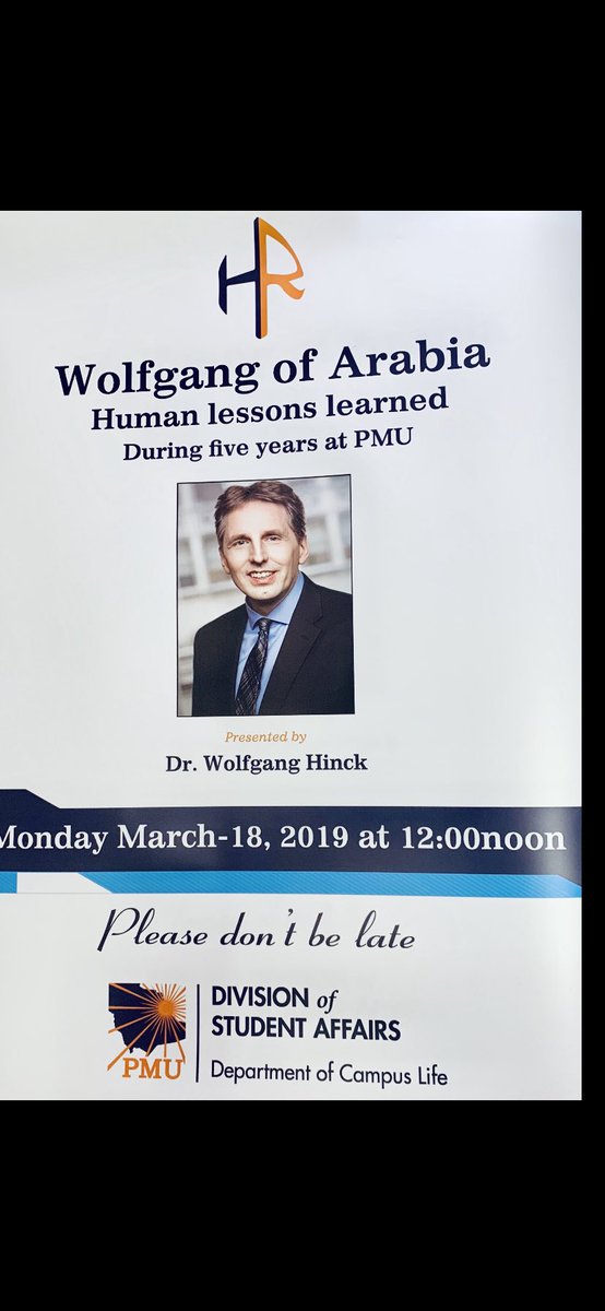 HR_Club_PMU's tweet photo. The HR club is honored to invite to a Human lessons learned during five years at PMU, by the dean of COBA Dr. Wolfgang Hink 

Time: 12:00 PM
Location: lecture Hall https://t.co/MxmKksgDmv