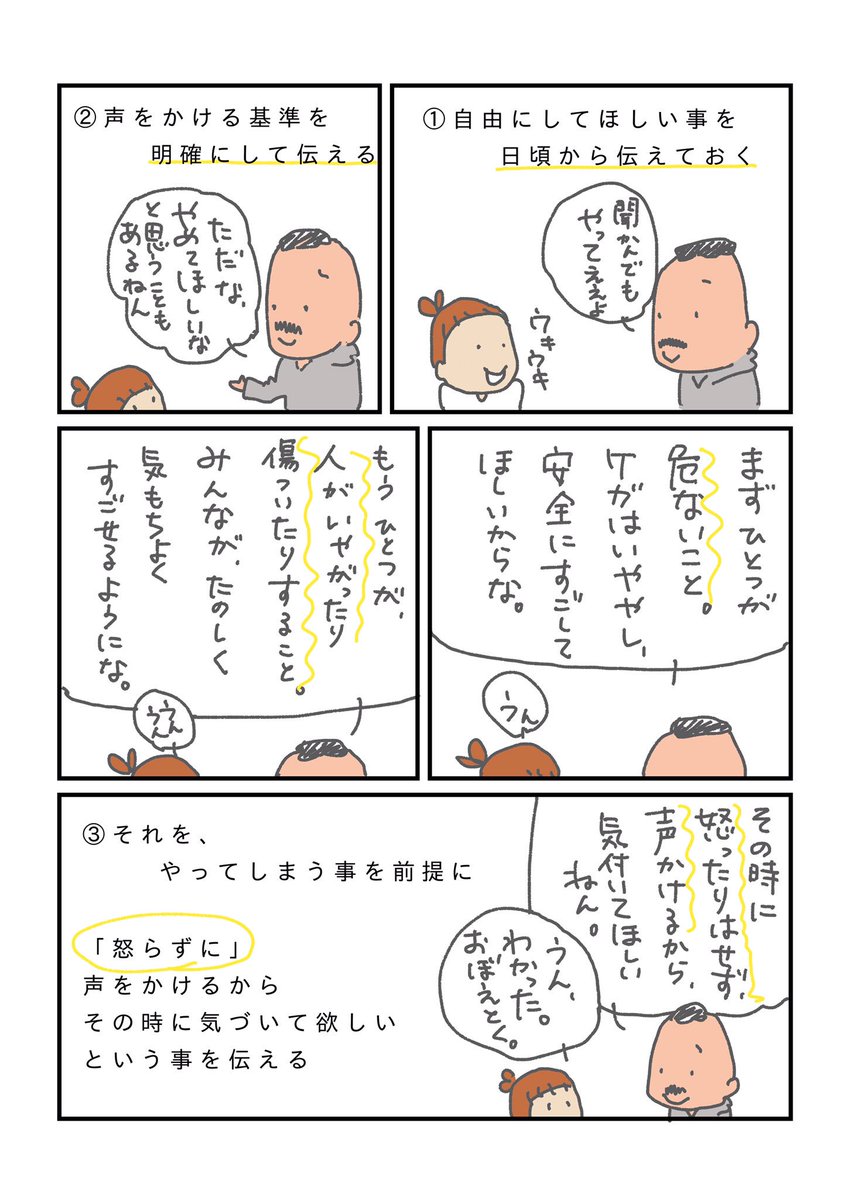 【なんでもかんでも許すことはできない時に、僕が気をつけたいこと】

のびのびと過ごしては欲しいけれど、なんでも許したり言うことを聞いたりは出来ないこともあるから、きちんと伝えておくこと。

萎縮したり、否定されたと思わせないように。 