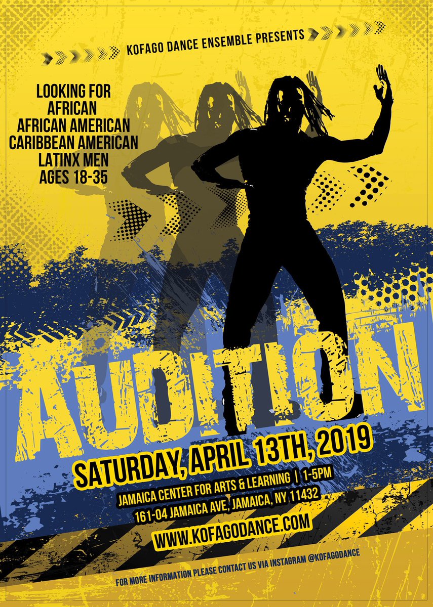 kofagodance's tweet photo. Are you an African, African America, Caribbean, or Latinx man who loves to dance? We’ll be holding our first auditions for men next month. Date: 4/13/19 | Time: 1-5pm |Location: @jamaicaarts Come out and join us! #kofagodance #blackdancematters #realmendance #africandance https://t.co/Tndmwo8SV1