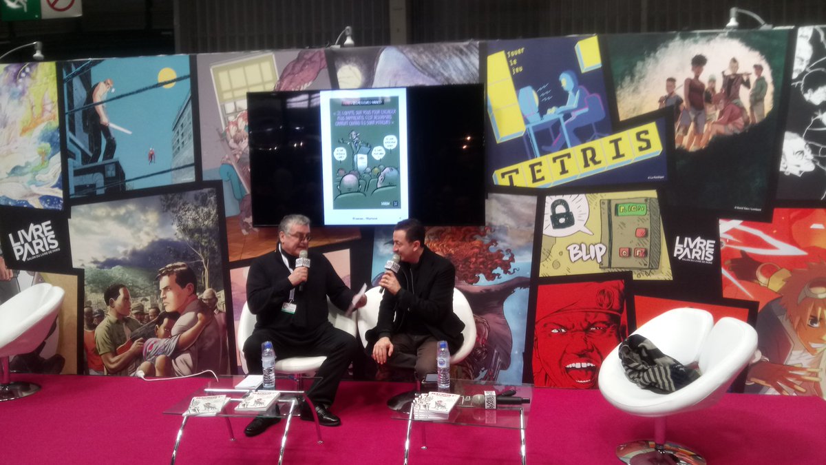 LT77_Insoumis's tweet photo. . @geralddahan est au Salon du Livre, où il présente sa BD "Macron Ier". Beaucoup d'humour au rendez-vous.
#Salondulivre #Macron #BandeDessinee #livre #Paris https://t.co/jwBgScN30h