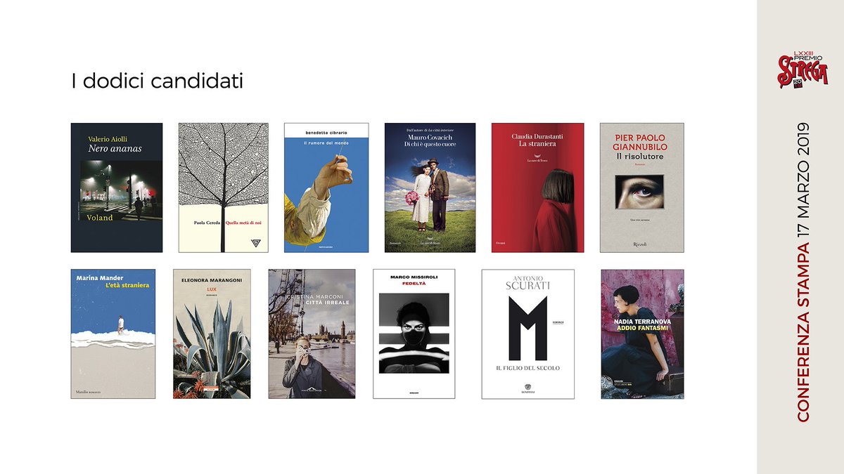 PremioStrega's tweet photo. I 12 candidati 
#strega19 https://t.co/Zzovvbl972