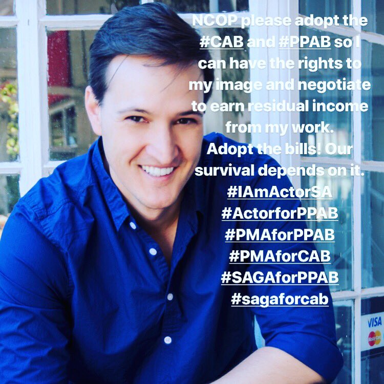 NCOP please adopt the #CAB and #PPAB so I can have the rights to my image and negotiate to earn residual income from my work.
Adopt the bills! Our survival depends on it
#IAmActorSA
#ActorforPPAB
#PMAforPPAB
#PMAforCAB
#SAGAforPPAB
#SAGAforCAB
<a href="/SagaChairman/">SAGA Chairman</a> <a href="/SAGActors/">South African Guild of Actors</a> <a href="/ThePMA_SA/">ThePMA</a>