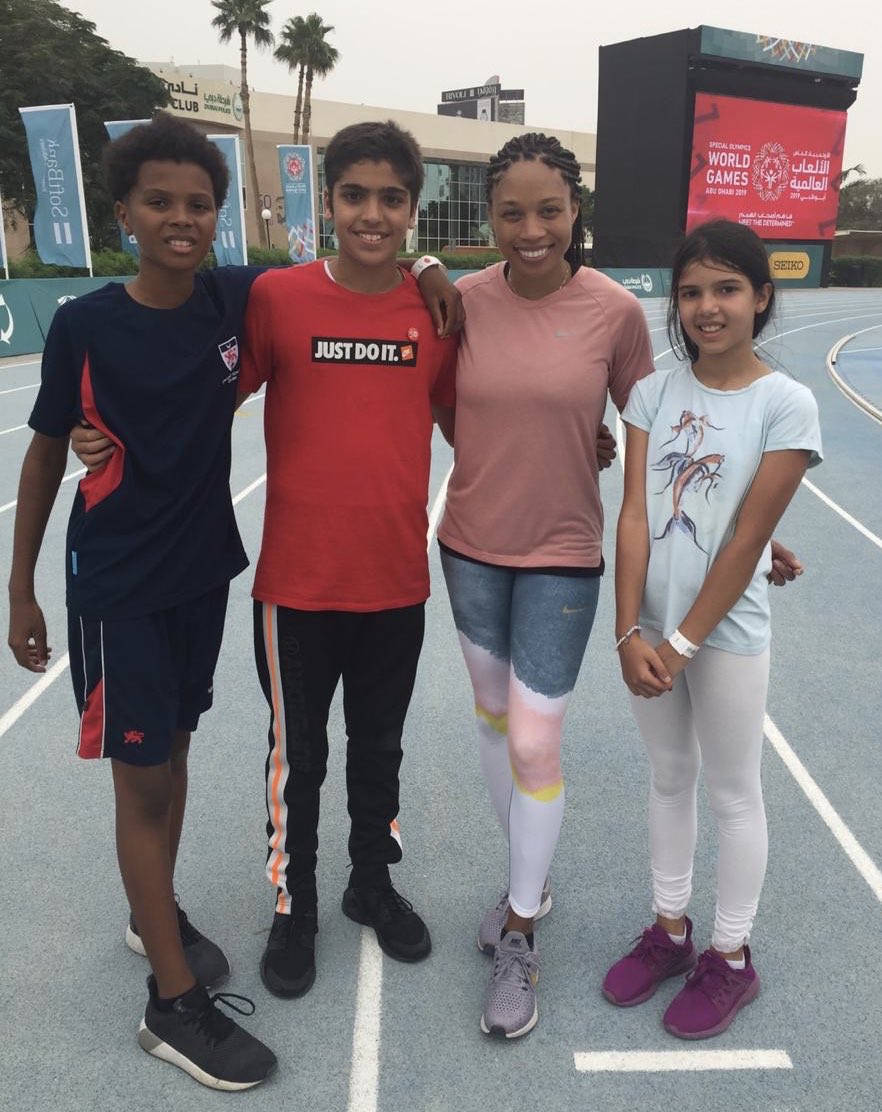 DwightSchoolDXB's tweet photo. A brilliant morning with World Champion US sprinter @allysonfelix and @WorldGamesAD track clinic for the athletes competing. Thank you to Ms. Sevil, Coach Robert and our students for their help with the event. What a fantastic experience for all! 👏🏃‍♀️🏆 #MeetTheDetermined https://t.co/eBIqpKInUK