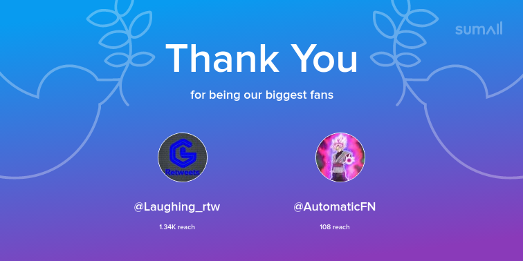 Our biggest fans this week: <a href="/Laughing_rtw/">Laughing Retweets™</a>, @AutomaticFN. Thank you! via sumall.com/thankyou?utm_s…