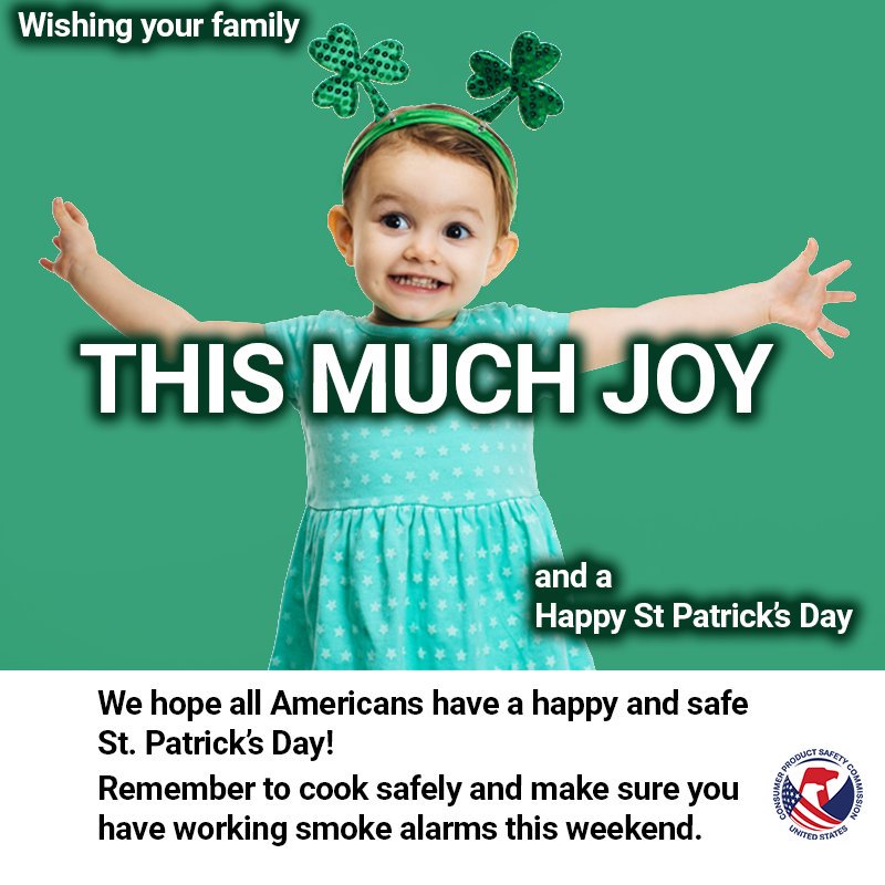 A girl with a shamrock headband and her arms stretched out wide. The text reads: wishing your family THIS much joy and a happy St Patrick's Day. Remember to cook safely and make sure you have working smoke alarms this weekend.