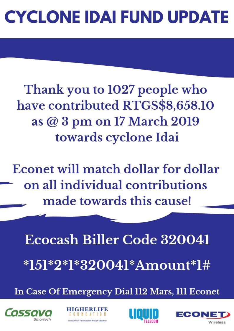 econetzimbabwe's tweet image. Thank you to 1027 people who have contributed RTGS$8,658.10 towards #cycloneidai

As part of our commitment, Econet will match dollar for dollar all individual contributions made towards this cause.

You can do your part by sending your #Donation to Ecocash Biller code 320041