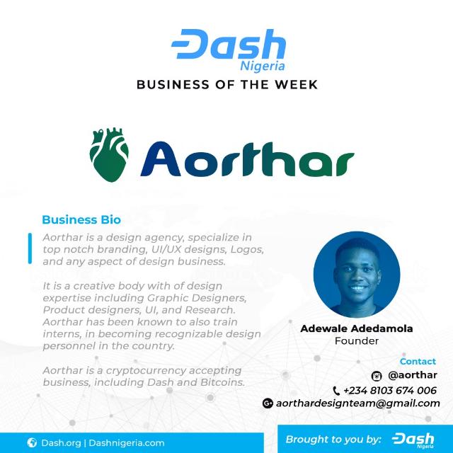 DashNigeria_Biz's tweet image. Hey there!

Meet our Dash Nigeria business of the week - Aorthar.

Aorthar is a design agency, specialized in top notch branding, UI/UX designs, Logos, etc.

And they are Dash-accepting!!!

#DashAdoption