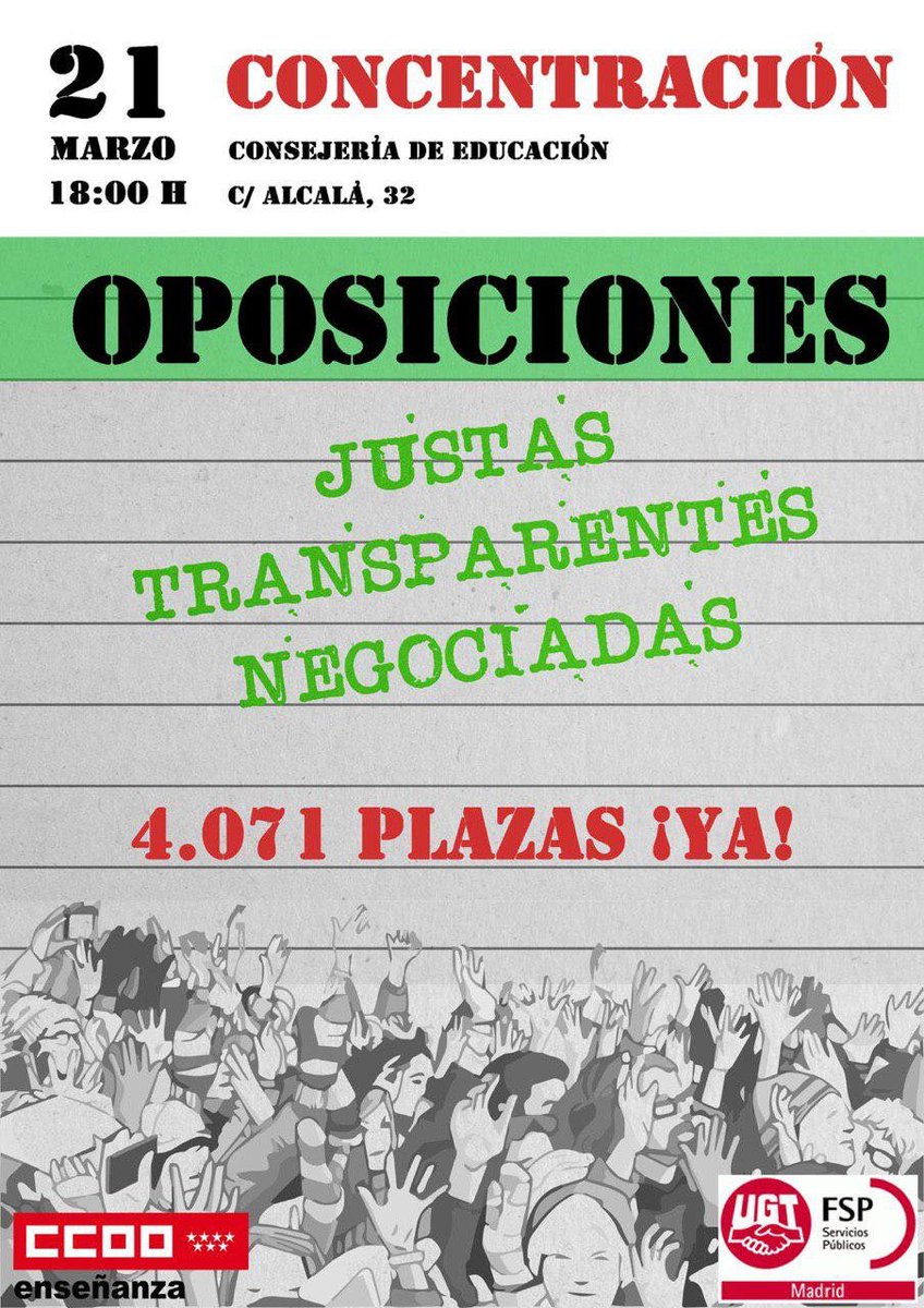 CCOOEducaMa's tweet photo. 📣📣‼️MOVILÍZATE‼️📣📣
💪POR UNAS OPOSICIONES JUSTAS, TRANSPARENTES Y NEGOCIADAS
📅21 de marzo 2019
📍Consejería de Educación.
C/ Alcalá 32. Madrid
🕖18:00 Horas
#oposiciones2019 #oposiciones https://t.co/ql1kP8xUZ1