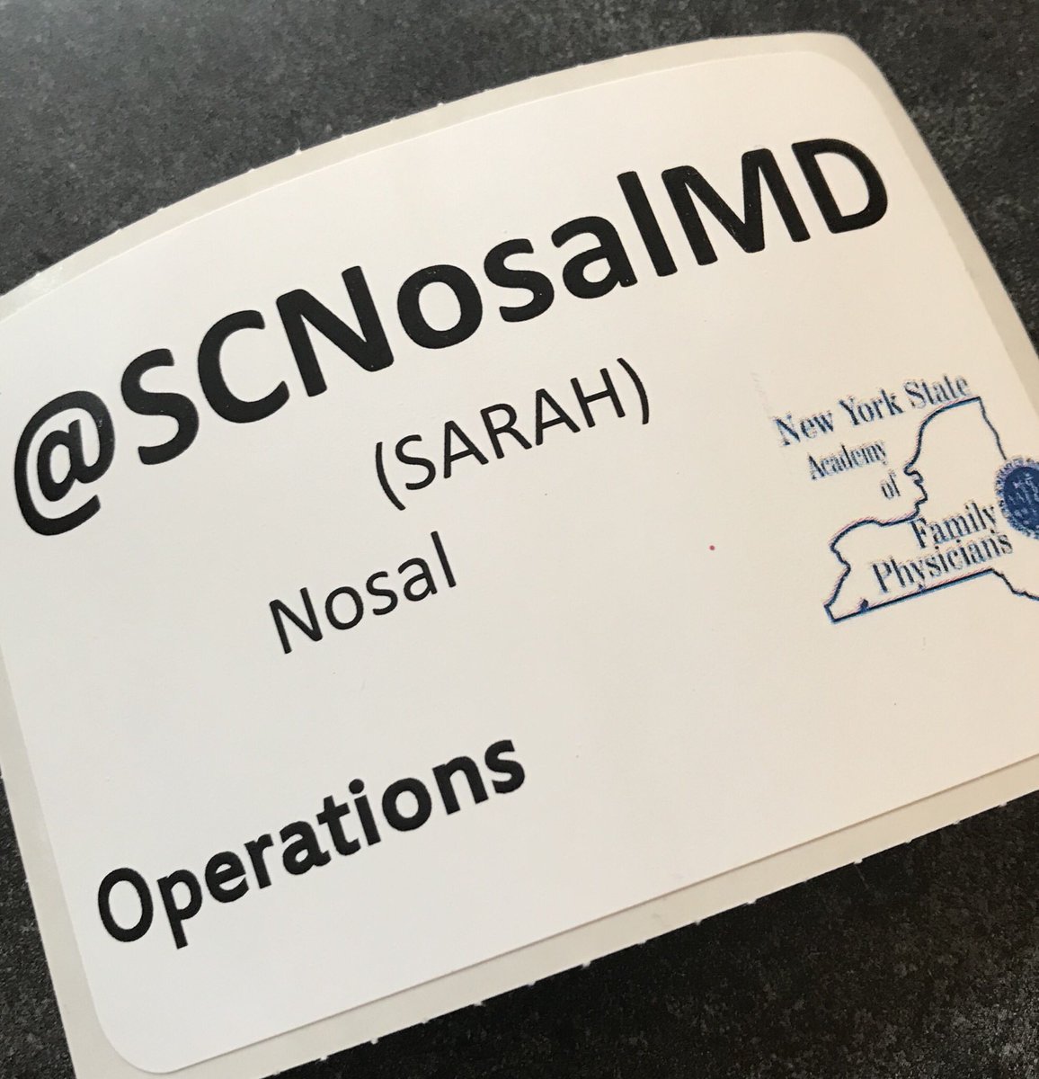 SCNosalMD's tweet photo. Conference best practices - handle on your name tag ! @NYSAFP #wintercluster #FMinNY #MakeHealthPrimary #medicineisasocialjusticeissue https://t.co/j8EojthyVh
