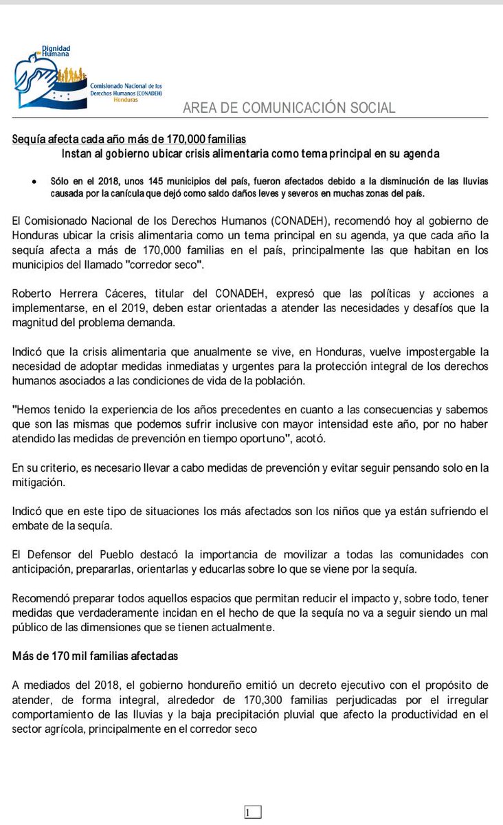CONADEH's tweet photo. Defensor del Pueblo señala deber del Estado de garantizar seguridad alimentaria de la población. https://t.co/ya0hPOBpZa