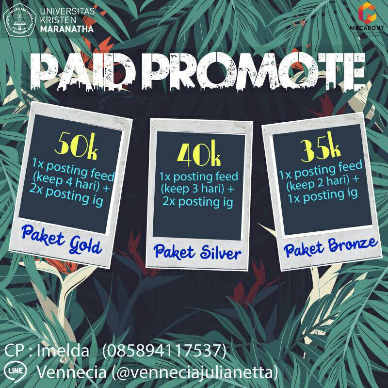 mcu_himatha's tweet image. PAID PROMOTE MACARONY 2019
Hello gais ! 
Kami dari panita Macarony 2019 menyediakan layanan paid promote dengan harga yang terjangkau dan juga dengan paket - paket yang menarik.
Tunggu apa lagi ? Yuk hubungi kami !
CP :
Imelda : WA 085894117537
Vennecia : (line)venneciajulianetta