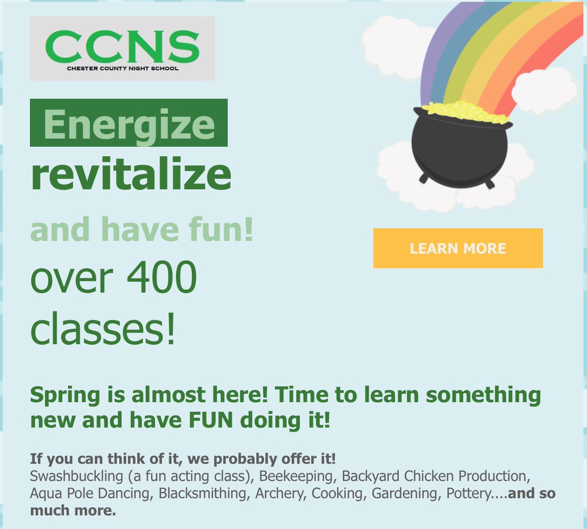 Check out all that we have to offer on chestercountynightschool.org Don’t wait! Many classes start next week!