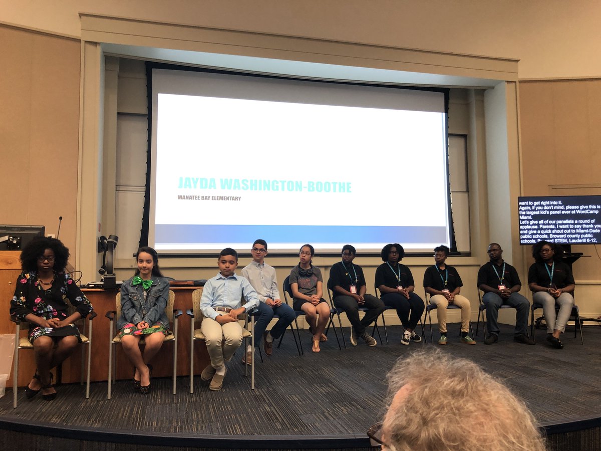 dimensionmedia's tweet photo. It’s a great feeling to see so many young women up on the stage, getting into computer science. Great @wordcampmiami #KidsPanel. Thanks to @professadiva954 for putting this on. #WCMIA https://t.co/2bJdlNn4rr