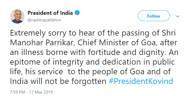 ANI's tweet photo. President of India announces that Goa Chief Minister Manohar Parrikar has passed away https://t.co/PS8ocF395S