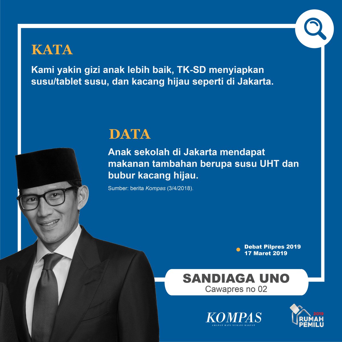 kompascom's tweet photo. Kata @sandiuno,
Kami yakin gizi anak lebih baik, TK-SD menyiapkan susu/tablet susu, dan kacang hijau seperti di Jakarta.

Bagaimana kata @kompasdata?

#DebatPilpres2019 #RumahPemilu #KasihPilihan https://t.co/WOMjBq4MCV
