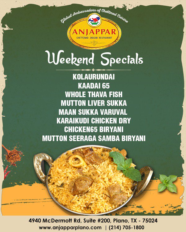 Anjapparplano's tweet photo. Things are heating up this weekend!
Visit Us: https://t.co/5gsyl10MIp

#AnjapparChettinad #Plano #Indianrestaurant #family #biryani #pack #specials #Menu #dishes #tasty #yummy #crispy #licking #online #order #delivery #chettinad #chettinadlove https://t.co/16O5u75X85