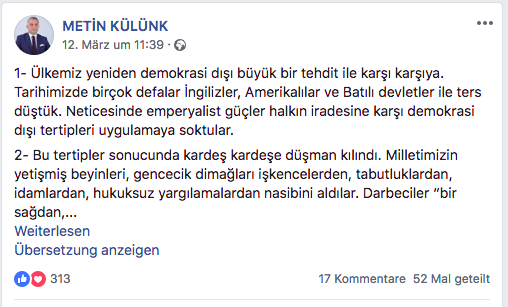 Doch nicht nur sein mutmaßlicher Hang zur Militanz macht Külünk so bedrohlich. Er ist wichtiger Stichpunktgeber für die immer gängigeren Verschwörungstheorien, die die türkische Regierung über "den Westen" verbreitet. Das beweist ein Facebookpost von vor wenigen Tagen. (14/20)