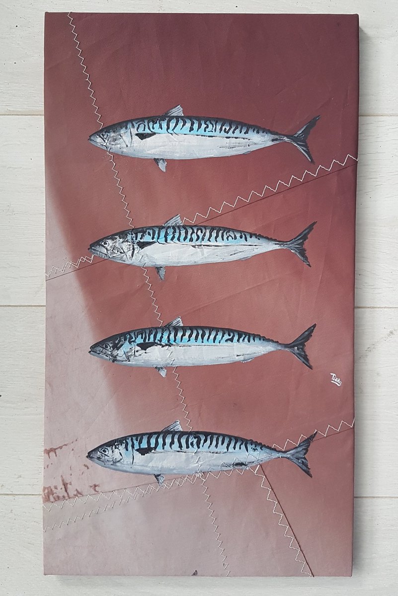What adventures are held in this faded, weathered Cornish Shrimper sail?
'4 Mackerel on Shrimper sail'
550x300mm
Acrylic on recycled sailcloth 
#art #paintingonsailcloth #sailcloth #painting #paintingfish #solent #hillhead #cornishsardines #pilchards #sardines #cornishshrimper