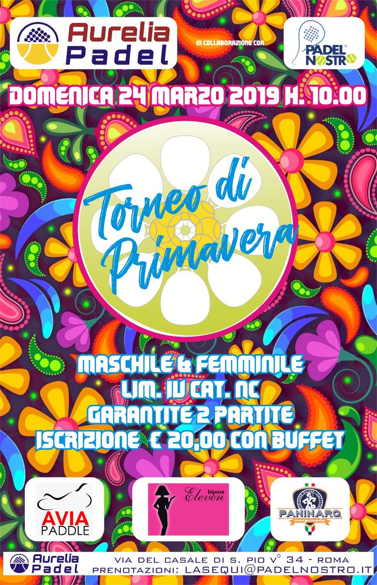 - 7️⃣ giorni SEI ANCORA IN TEMPO PER ISCRIVERTI❗️
sui 4 campi dell'Aurelia Padel di Roma dalle 10 
🏆 Eleven Bijoux - AVIA Padel - Padel Paninaro Italia
✏ lasequi@padelnostro.it
