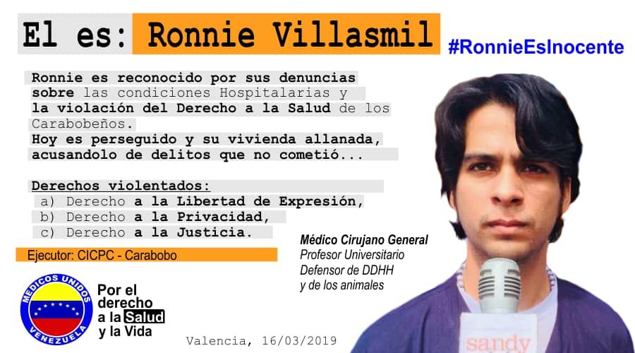 Ronnie Villasmil médico de Carabobo que por denunciar la situación el hospital hoy es perseguido y hostigado. Su casa fue allanada y es buscado por el único delito de ejecer sus derechos. #RonnieEsInocente Cese al hostigamiento en su contra <a href="/UNHumanRights/">UN Human Rights</a> <a href="/mbachelet/">Michelle Bachelet</a> #17Mar