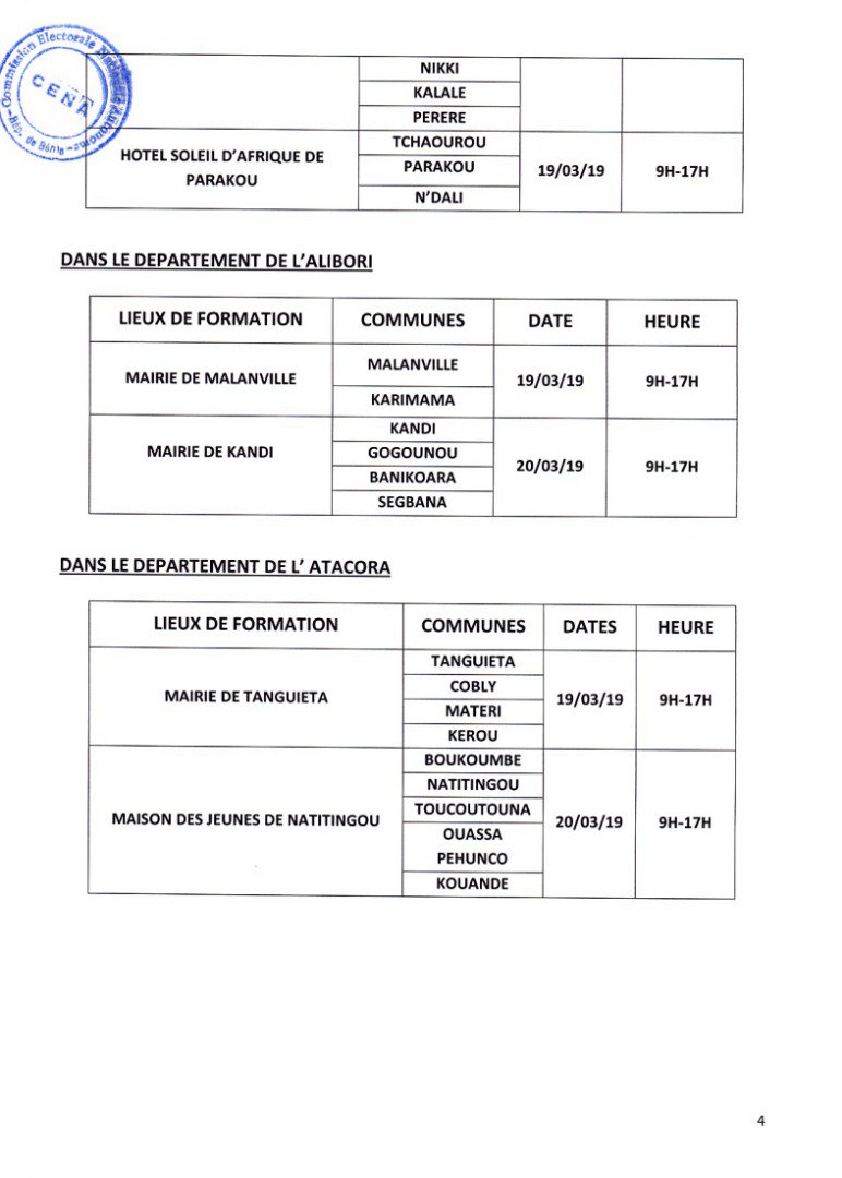 LA <a href="/Cenabenin_info/">CENA BÉNIN</a> Communique : Formation des formateurs départementaux des agents électoraux.
