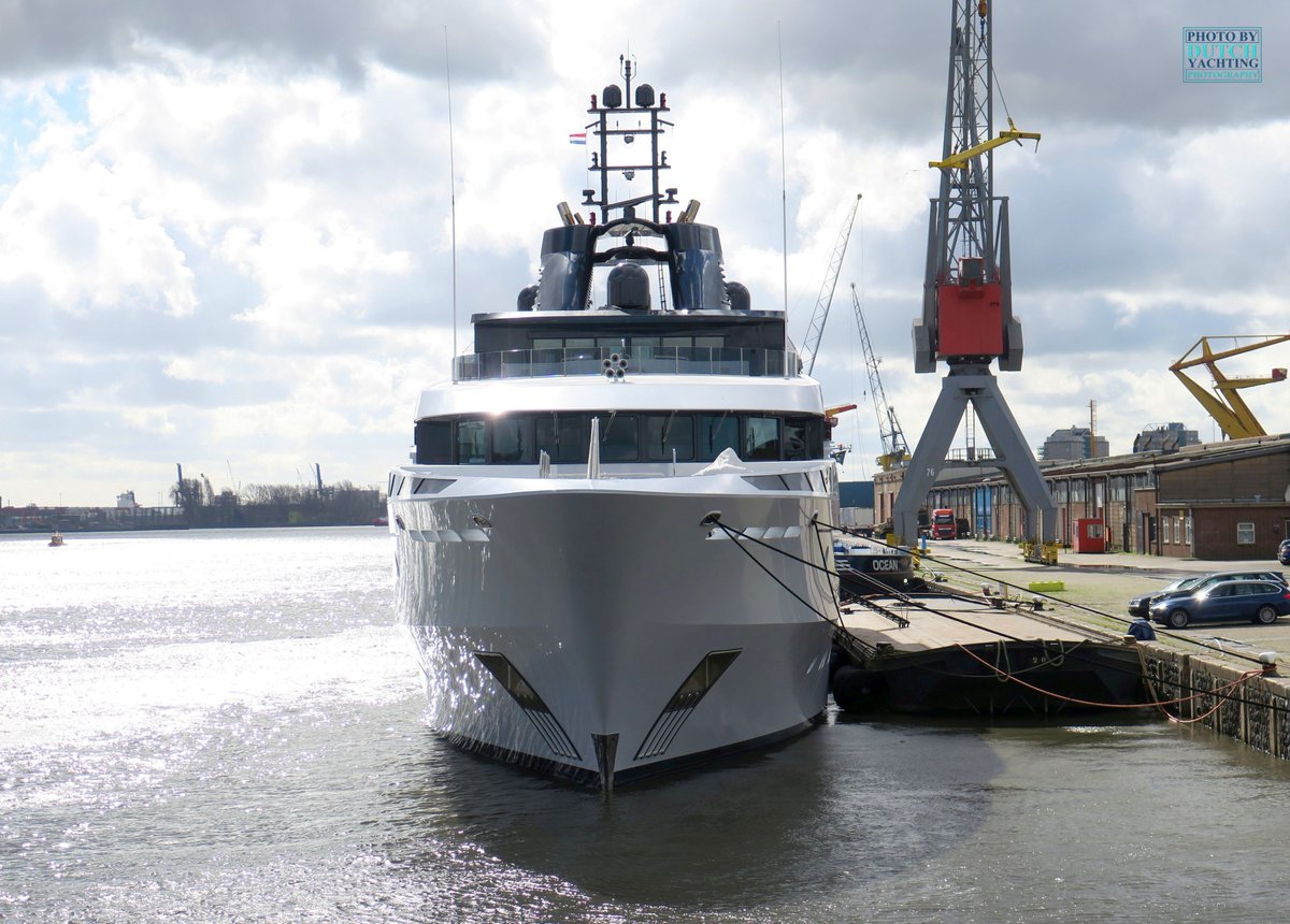 Dutchyachting's tweet photo. #LunaB was built by #Oceanco in 2005. The 66m #yacht, formerly known as #Natita, #Ona, #Dilbar I and Dilbar, arrived #aboard the semi-submersible heavy lift #cargo #ship #RolldockStorm in #Rotterdam last Friday and is currently moored in the #MerweHarbour. Photos: @DutchYachting https://t.co/rRWSnXmvq4