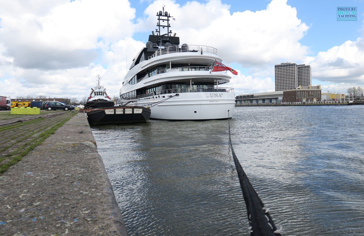 Dutchyachting's tweet photo. #LunaB was built by #Oceanco in 2005. The 66m #yacht, formerly known as #Natita, #Ona, #Dilbar I and Dilbar, arrived #aboard the semi-submersible heavy lift #cargo #ship #RolldockStorm in #Rotterdam last Friday and is currently moored in the #MerweHarbour. Photos: @DutchYachting https://t.co/rRWSnXmvq4