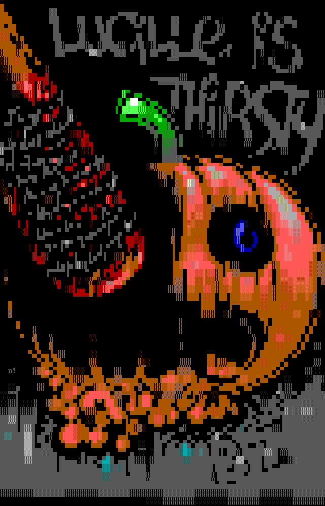 “Lucille Is Thirsty”, contribution to the 2016 <a href="/blocktronics/">blocktronics</a> ANSI Art Pumpkins Collection.

#walkingdead #thewalkingdead #twd #negan #lucille #pumpkin #halloween #ansiart #textmode #computerart #digitalart